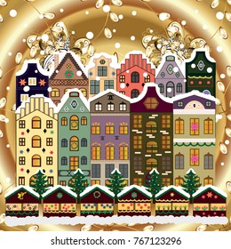 Fir-trees. Winter city with trees, cute houses, sun. Winter nature landscape. Vector illustration. Fabric print.