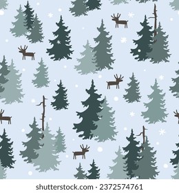 Fir-trees wood silhouettes in snow. Wild hand drawn winter forest with deer. Seamless vector graphic pattern.