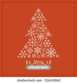 Fir-tree-shape vector christmas decorating design made of snowflakes. Colorful card template with copy space