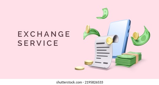 Fiscal check with mobile phone and roll of money in 3D cartoon style. Smartphone with bill and paper currency. Online exchange service banner. Online payment concept. Vector illustration