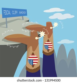 Fiscal cliff financial crisis illustrated American boots hanging on cliff.