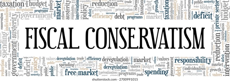 Conservadurismo fiscal nube de palabras diseño conceptual aislado sobre fondo blanco.