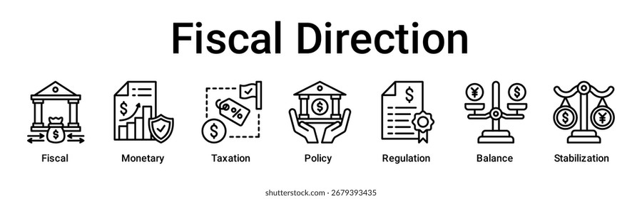 Fiscal Direction Banner Web-Symbol, Vektorgrafik-Konzept für Unternehmen mit Symbol für Steuern, Währung, Steuern, Politik, Regulierung, Balance.