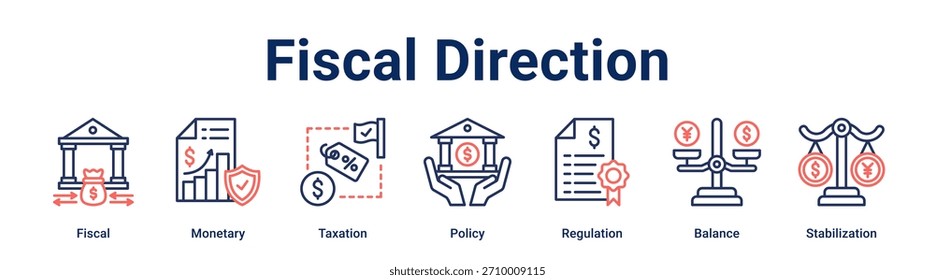 Anuncio de dirección fiscal Icono de Web Concepto de Ilustración vectorial para empresas con ícono de Fiscal, Monetario, Fiscalidad, Política, Regulación, Balance.