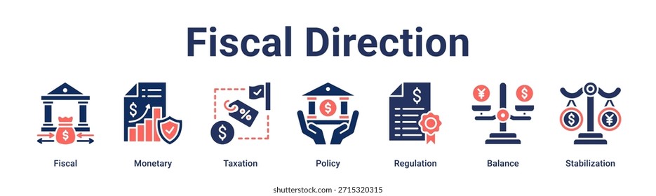 Anuncio de dirección fiscal Icono de Web Concepto de Ilustración vectorial para empresas con ícono de Fiscal, Monetario, Fiscalidad, Política, Regulación, Balance.