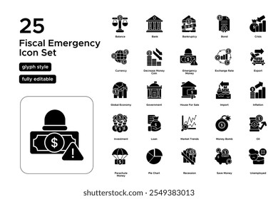 Conjunto de iconos de glifos de emergencia fiscal: rescates gubernamentales, déficits presupuestarios e iconos de medidas económicas urgentes