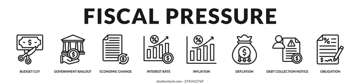 Fiscal pressure framework emphasizing budget constraints, monetary shifts, and structured policy response mechanisms. in Lineal Icon Style