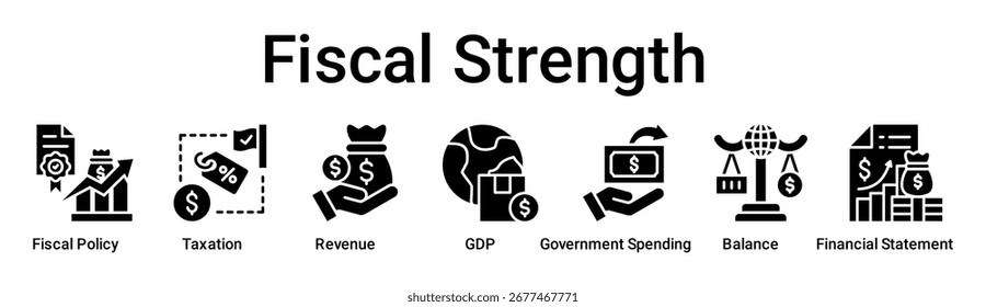 Fortaleza fiscal Concepto de Ilustración vectorial de ícono de Web de Anuncio para empresas con ícono de Política Fiscal, Impuestos, Ingresos, PIB, Gasto del Gobierno, Balance, Financiero.