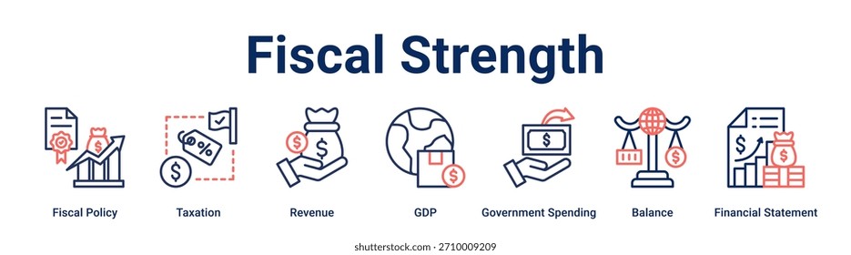 Fortaleza fiscal Concepto de Ilustración vectorial de ícono de Web de Anuncio para empresas con ícono de Política Fiscal, Impuestos, Ingresos, PIB, Gasto del Gobierno, Balance, Financiero.
