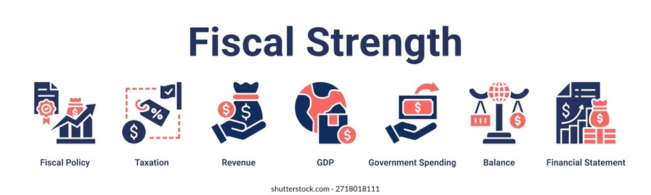 Fortaleza fiscal Concepto de Ilustración vectorial de ícono de Web de Anuncio para empresas con ícono de Política Fiscal, Impuestos, Ingresos, PIB, Gasto del Gobierno, Balance, Financiero.