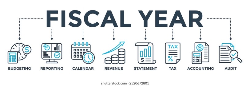 Conceito de faixa de ano fiscal com ícone de orçamento, emissão de relatórios, calendário, receita, demonstrativo, imposto, contabilidade e auditoria. Ilustração de vetor de ícone da Web
