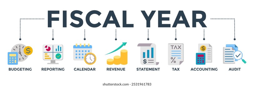 Concepto de Anuncio de año fiscal con ícono de presupuesto, informes, calendario, ingresos, estado de cuenta, impuestos, contabilidad y auditoría. Ilustración vectorial de icono de Web

