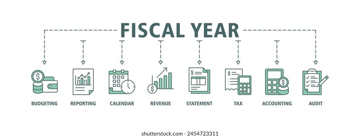 Fiscal year banner web icon set vector illustration concept with icon of budgeting, reporting, calendar, revenue, statement, tax, accounting, audit