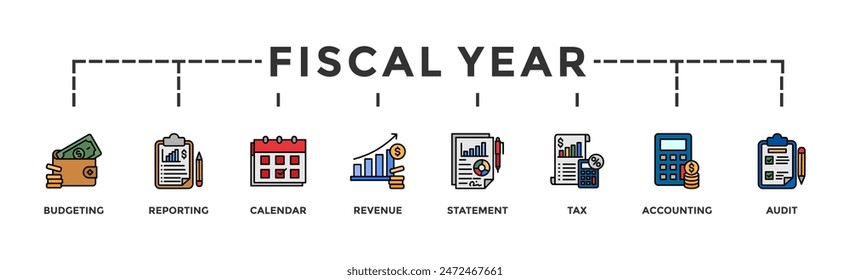 Geschäftsjahr Banner Web Symbol Vektorillustration Konzept mit Symbol für Budgetierung, Berichterstellung, Kalender, Umsatz, Aufstellung, Steuer, Buchhaltung, Audit