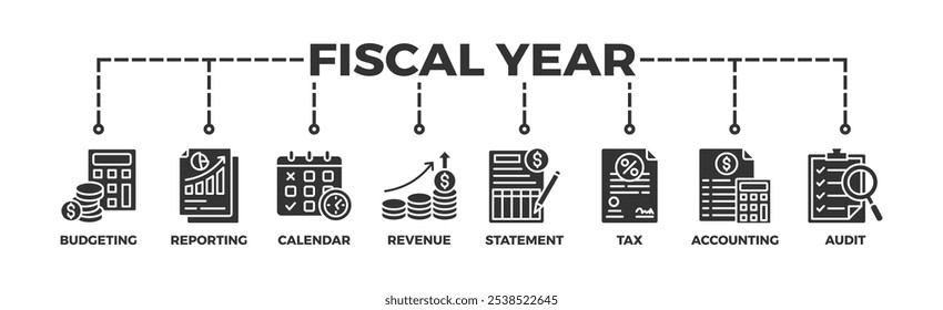 Fiscal year banner web icon vector illustration concept with icon of budgeting, reporting, calendar, revenue, statement, tax, accounting, audit
