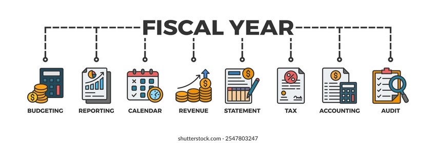 Concepto de Ilustración vectorial de ícono de Web de Anuncio de año fiscal con ícono de presupuestación, informes, calendario, ingresos, extracto, impuestos, contabilidad, auditoría