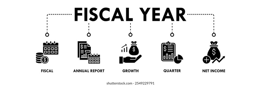 Geschäftsjahr Banner Web-Symbol Illustration Konzept mit Symbol für Haushalt, Geschäftsbericht, Wachstum, Quartal und Nettoeinkommen