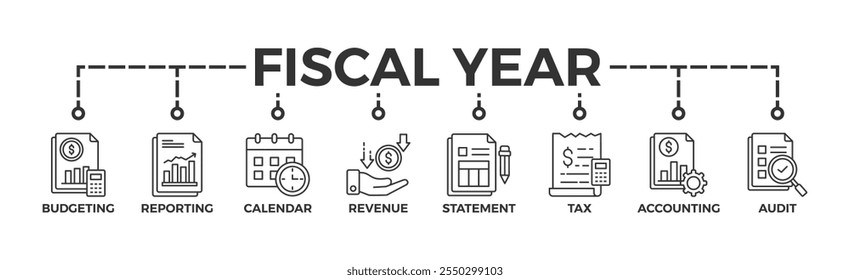 Conceito de ilustração vetorial do ícone da Web do banner do ano fiscal com ícone de orçamento, relatório, calendário, receita, demonstrativo, imposto, contabilidade, auditoria	