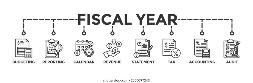 Fiscal year banner web icon vector illustration concept with icon of budgeting, reporting, calendar, revenue, statement, tax, accounting, audit	