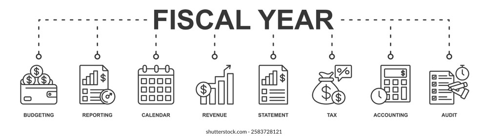 fiscal year banner web icon sheet vector illustration concept with icon of budgeting, reporting, calendar, revenue, statement, tax, accounting, audit