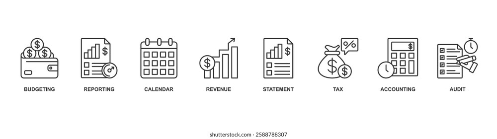 fiscal year banner web icon sheet vector illustration concept with icon of budgeting, reporting, calendar, revenue, statement, tax, accounting, audit