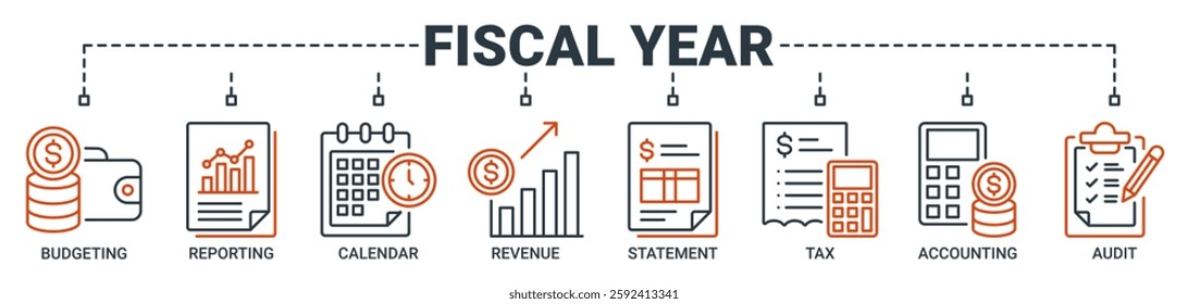 Fiscal year banner web icon vector illustration concept with icon of budgeting, reporting, calendar, revenue, statement, tax, accounting, and audit icons. Outline symbol background.