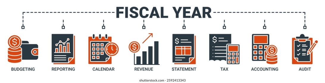 Fiscal year banner web icon vector illustration concept with icon of budgeting, reporting, calendar, revenue, statement, tax, accounting, and audit icons. Solid color vector symbol background.