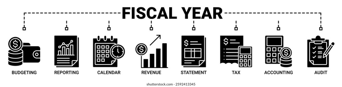 Fiscal year banner web icon vector illustration concept with icon of budgeting, reporting, calendar, revenue, statement, tax, accounting, and audit icons. Solid color vector symbol background.