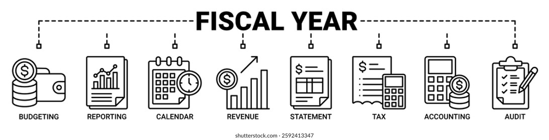 Fiscal year banner web icon vector illustration concept with icon of budgeting, reporting, calendar, revenue, statement, tax, accounting, and audit icons. Outline symbol background.