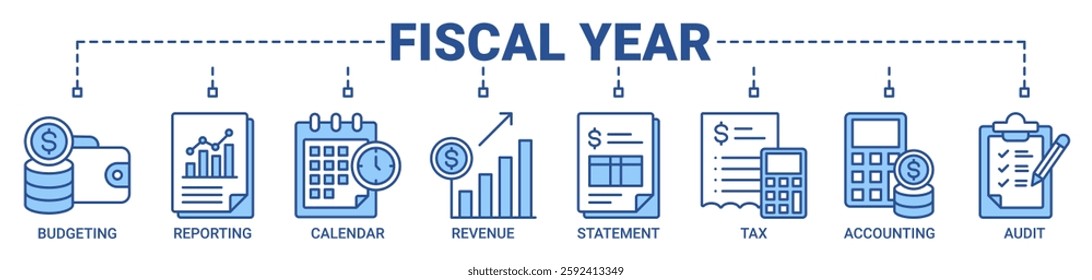 Fiscal year banner web icon vector illustration concept with icon of budgeting, reporting, calendar, revenue, statement, tax, accounting, and audit icons. Outline blue color vector symbol background.