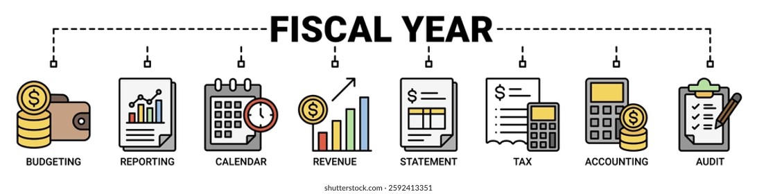 Fiscal year banner web icon vector illustration concept with icon of budgeting, reporting, calendar, revenue, statement, tax, accounting, and audit icons. Outline color vector symbol background.