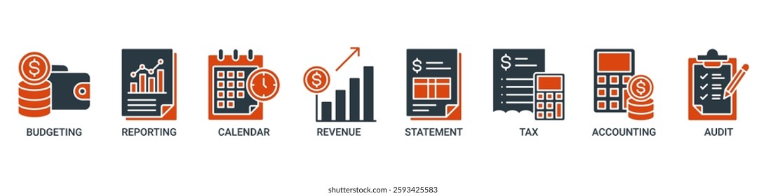 Fiscal year banner web icon set vector illustration concept with icon of budgeting, reporting, calendar, revenue, statement, tax, accounting, and audit icons. Solid color vector symbol background.