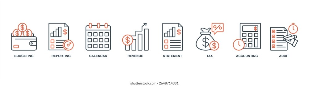 fiscal year banner web icon set vector illustration concept with icon of budgeting, reporting, calendar, revenue, statement, tax, accounting, audit