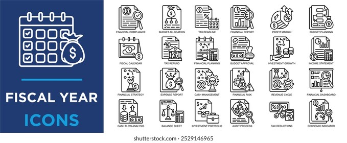 fiscal year, business, finance, year, financial, fiscal icon set. Outline icons collection. Simple vector illustration