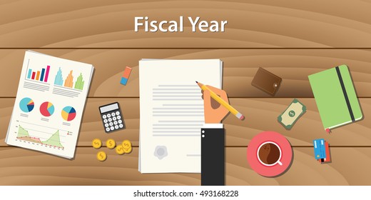 fiscal year concept illustration with business man working on some paper document with graph chart money on wooden table