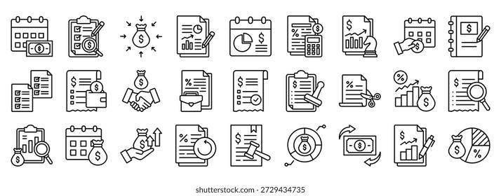 Fiscal Year icon collection. Containing design Budget Analysis, Fiscal Year, Tax Deadline, Financial Review, Income Statement, Accounting Book	