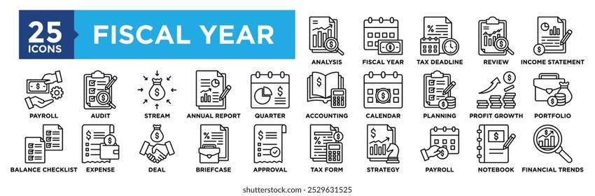 Conjunto de colecciones de iconos de año fiscal. Diseño que contiene negocios, finanzas, finanzas, año, economía, ingresos, dinero