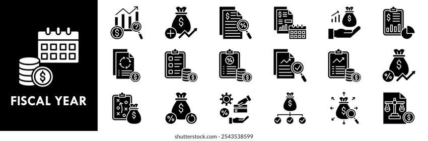 Conjunto de coleta de ícone Ano Fiscal. Contendo negócios de design, finanças, financeiro, ano, economia, dinheiro, fiscal