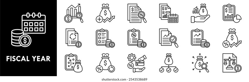 Symbolsammlung für Geschäftsjahr. Enthaltend Design Geschäft, Finanzen, Finanz, Jahr, Wirtschaft, Geld, Fiskalpolitik