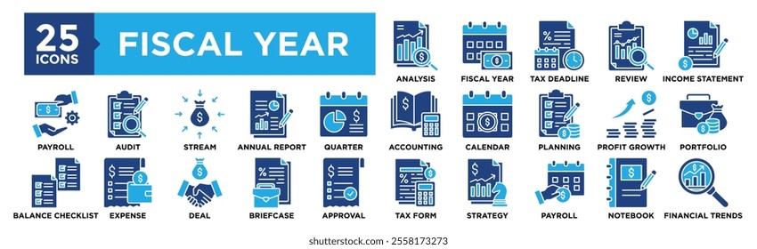 Fiscal Year icon collection set. Containing design business, finance, financial, year, economy, income, money	