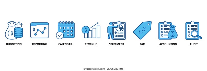Ícone do ano fiscal definido em Estilo Azul, Ilustração de Vetor para orçamento, emissão de relatórios, calendário, receita, demonstrativo, imposto, contabilidade, auditoria