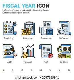 Fiscal Year Icon Set With Outline Color Style Isolated On White Background. Vector Icon Report, Tax, Statement, Revenue Sign Symbol Concept For Business Finance Company And Corporate. Editable Stroke