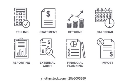 Fiscal year icons set. Minimalistic stickers with financial report, audit, profit growth and taxation. Design elements for website and app. Cartoon flat vector collection isolated on white background