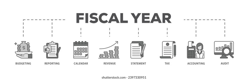 Fiscal year infographic icon flow process which consists of budgeting, reporting, calendar, revenue, statement, tax, accounting, audit icon live stroke and easy to edit