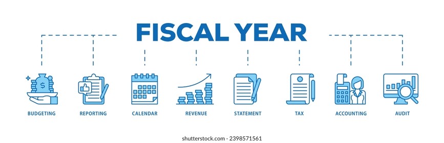 Fiscal year infographic icon flow process which consists of budgeting, reporting, calendar, revenue, statement, tax, accounting, audit icon live stroke and easy to edit