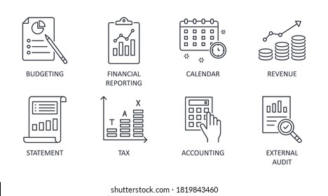 Fiscal year vector icons. Business finance company signs. Editable stroke. Financial reporting budgeting statement revenue. Calendar accounting external audit tax