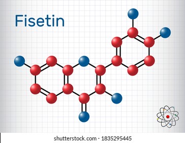 Fisetin molecule. It is plant flavonol from the flavonoid group of polyphenols. Structural chemical formula and molecule model. Sheet of paper in a cage. Vector illustration