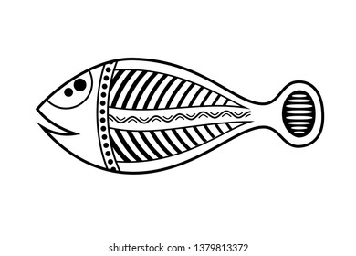 Fish. Aboriginal art style. Tatoo. Black and white logo. Vector monochrome illustration isolated on white background.