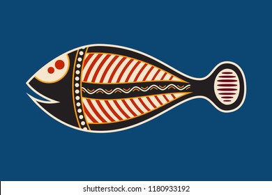 Fish. Aboriginal art style. Vector color illustration isolated on blue background.