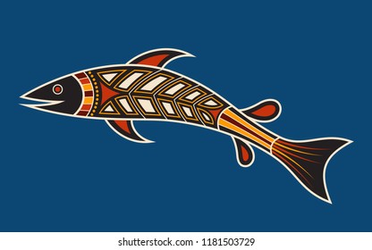 Fish. Aboriginal art style. Vector color illustration isolated on blue background.